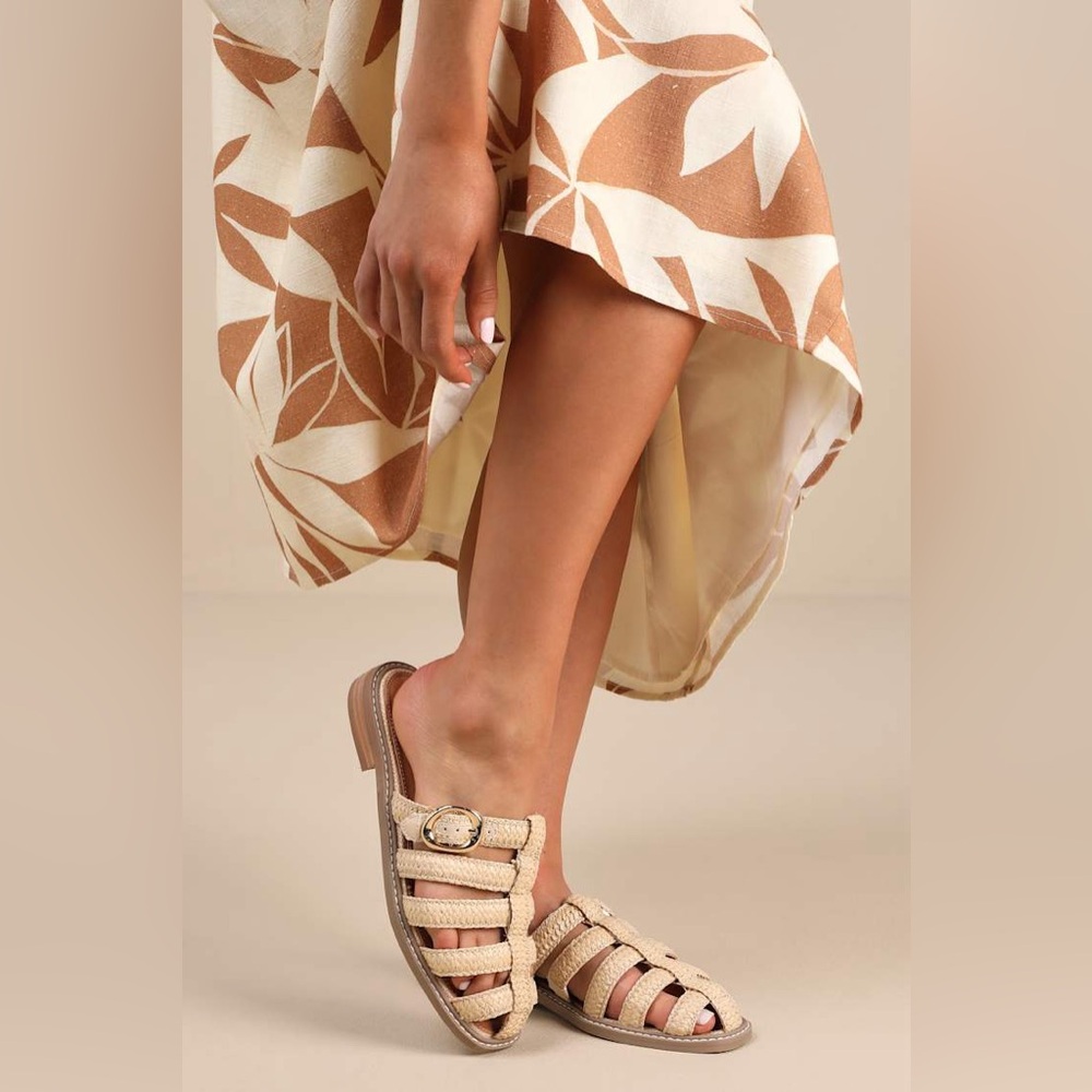 DV BY Dolce Vida Fyona Raffia Tan Straw Strappy Buckle Mules, Size 7.5